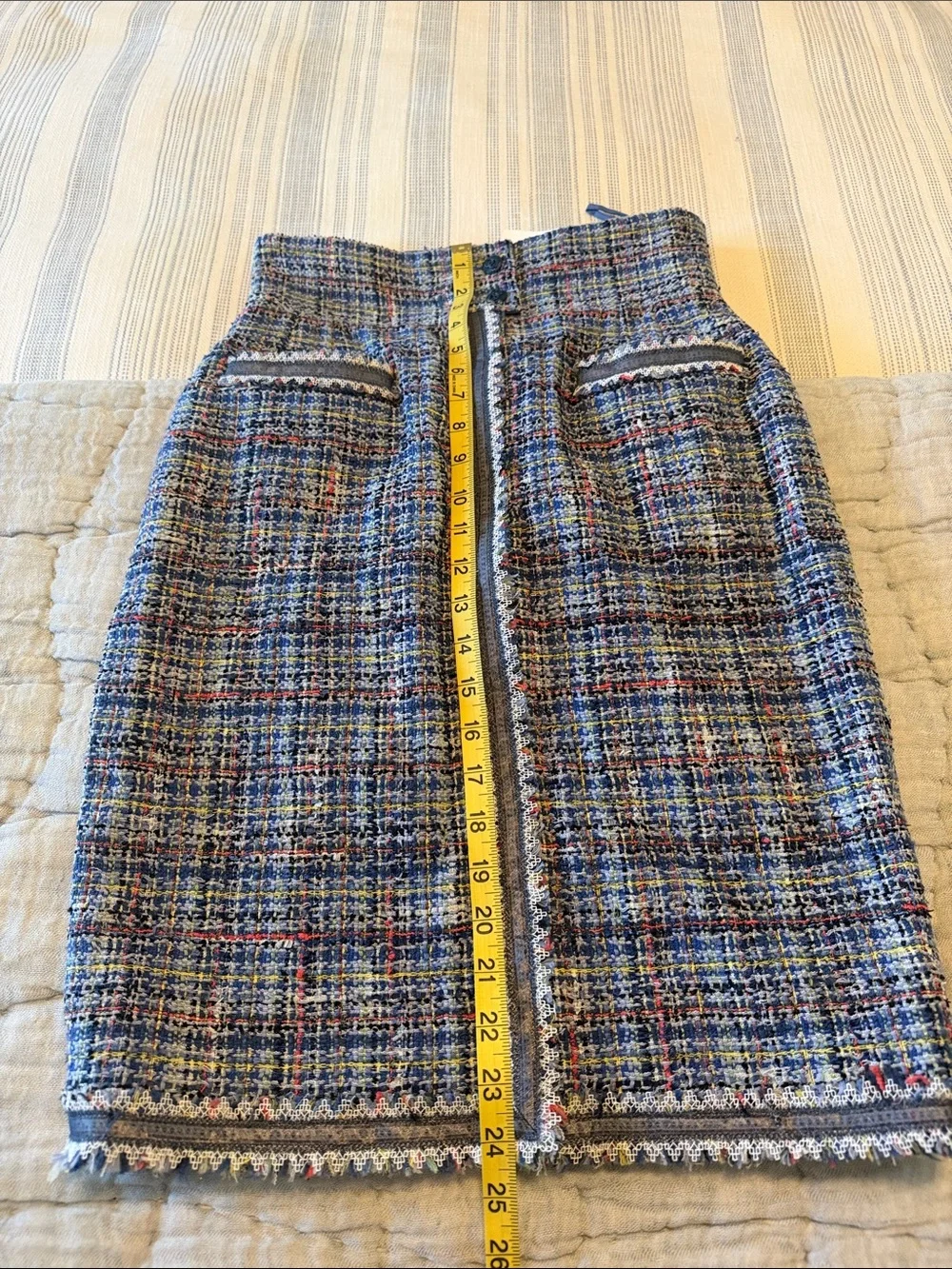 CHANEL Blue Multicolor Tweed Pencil Skirt with Fringed Trim